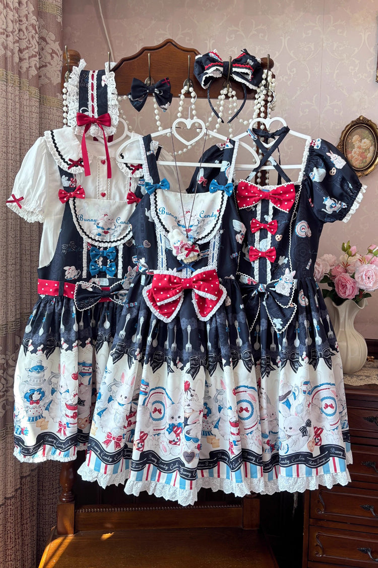 Black [Mystery Rabbit Tea Party] Square Collar Short Sleeves Print Ruffle Bowknot Lace Sweet Lolita Dress - Product - 7