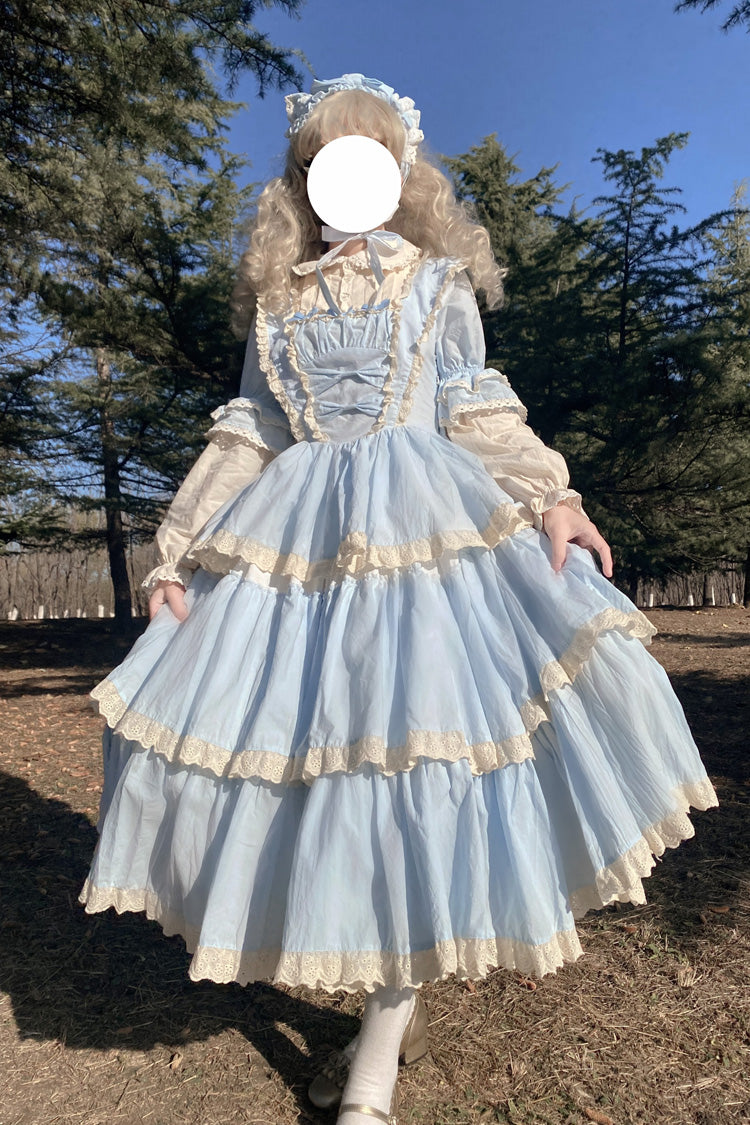 Blue Lapel Collar Long Sleeves High Waisted Multi-layer Bowknot Sweet Lolita Dress - Blue - 1