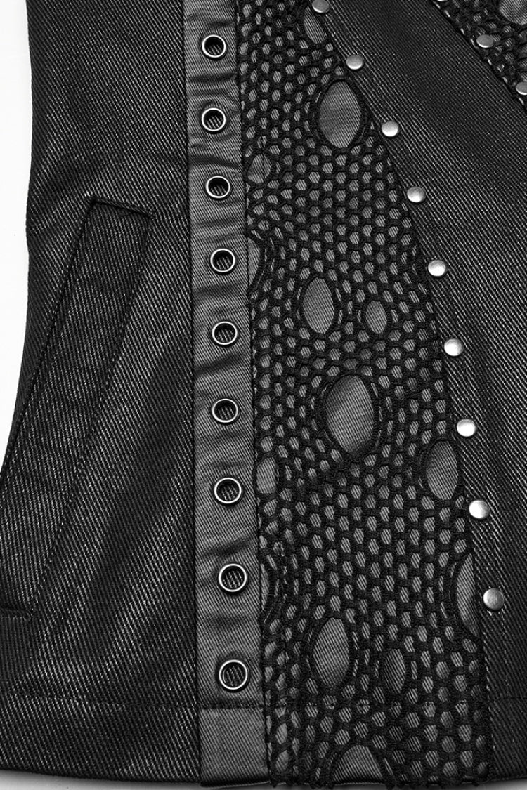 Black Stand Collar Stitching Mesh Men's Punk Vest - Product - 7