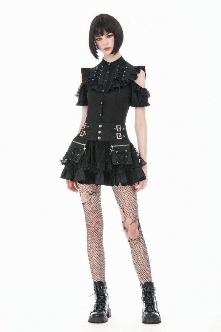 Black Mandarin Collar Cold‑Shoulder Puff Sleeves Ruffled Cut-Out Lace-Up Women's Gothic Blouse - Black - 1