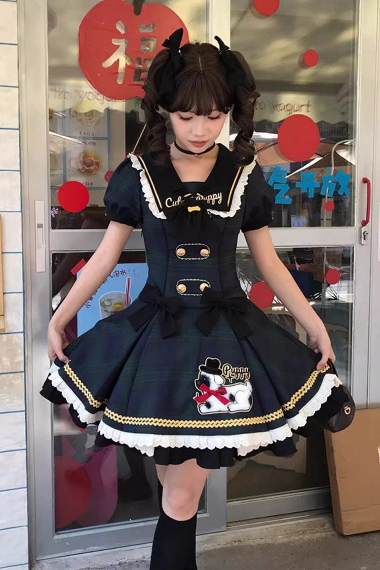 Blue [Dalmatian] Short Sleeves Print Ruffle Bowknot Slim Sweet Lolita Dress - Product - 8