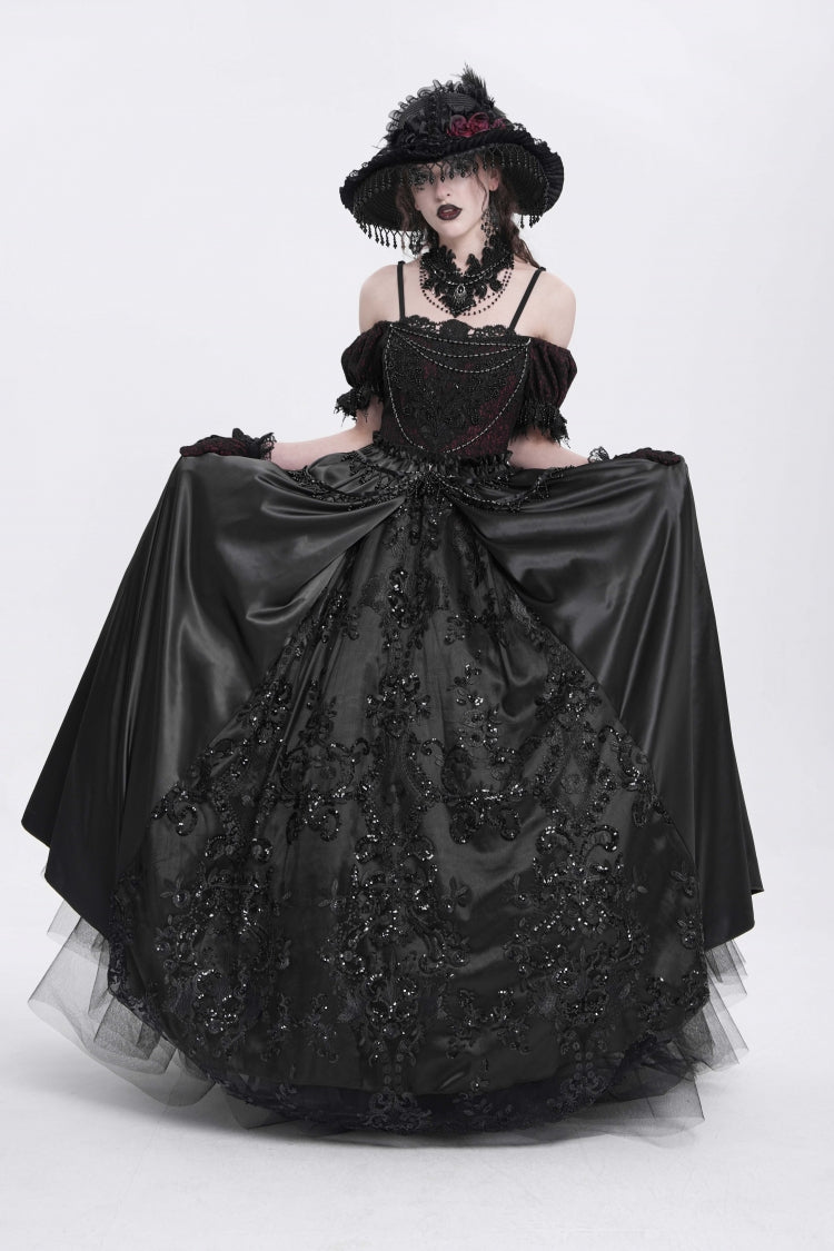 Black Off Shoulder Short Sleeves Jacquard Cardigan Stitching Lace Women's Gothic Dress - Product - 6