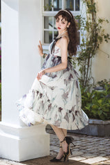 Ivory [Black Lily] V Collar Sleeveless Multi-Layered Printed Ruffled Bow Sweet Lolita Jsk Dress - Product - 7