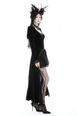Black Round Collar Long Puff Sleeves Lace Lace-Up Hem High Low Women's Gothic Velvet Wedding Dress - Product - 9