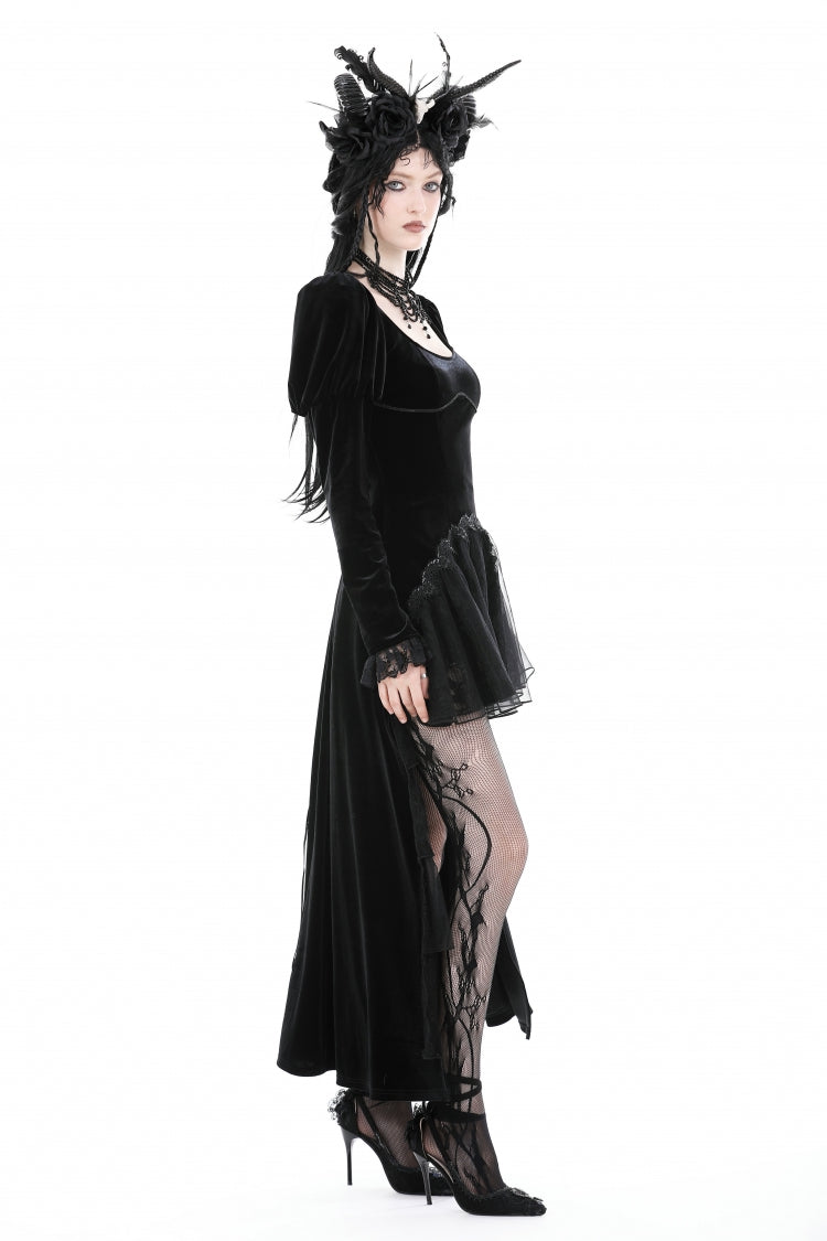 Black Round Collar Long Puff Sleeves Lace Lace-Up Hem High Low Women's Gothic Velvet Wedding Dress - Product - 9