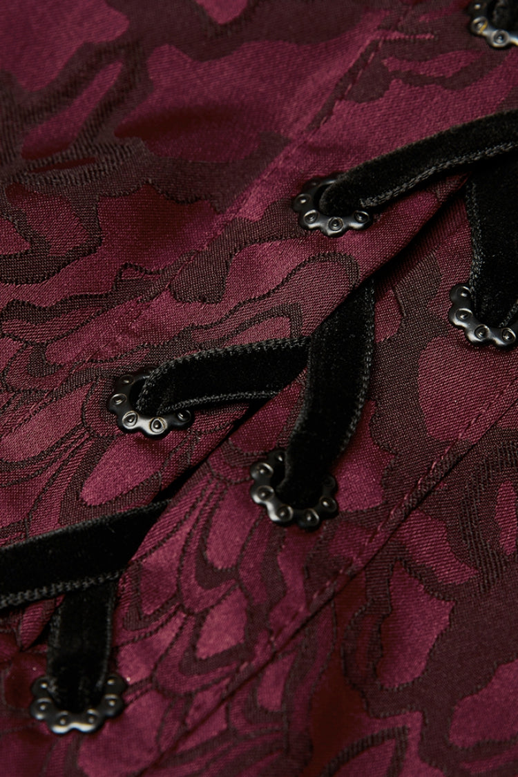 Jacquard Long Sleeve Front Metal Eyelets Lace Up Metal Carving Buckle Cuff Men's Gothic Shirt 3 Colors - Product - 13