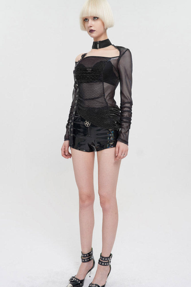 Black Long Sleeve Neck Zipper Asymmetric One Shoulder Strap Mesh Women's Punk T-Shirt - Product - 8