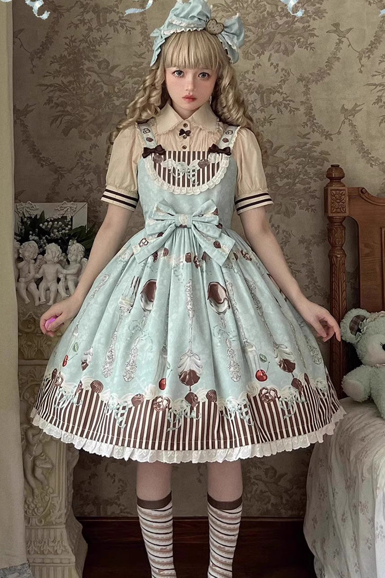 Green [Chocolate Cherry] Print Bowknot Sweet Lolita Jsk Dress - Green - 1