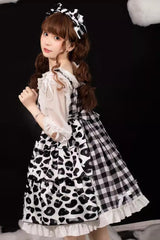 Black/White Plaid Print Cow Ruffle Bowknot Cat Claw Planet Sweet Lolita Jsk Dress - Product - 5