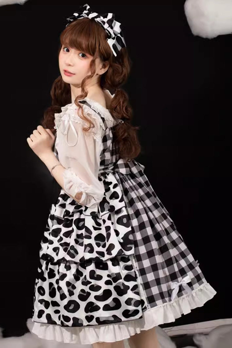 Black/White Plaid Print Cow Ruffle Bowknot Cat Claw Planet Sweet Lolita Jsk Dress - Product - 5