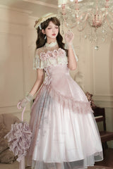 Pink [Rose Poems] Ruffle Embroidery Bowknot Lace Asymmetric Sweet Elegant Lolita Dress Set - Product - 2