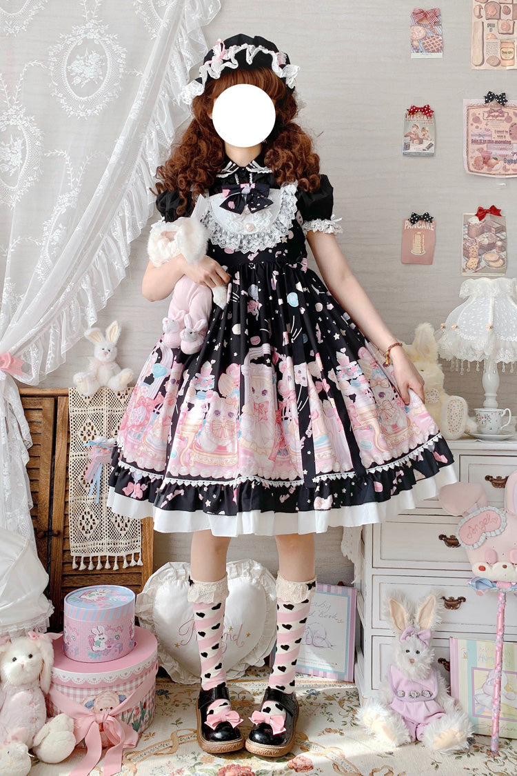 Black/Pink Cute Cat Print High Waisted Ruffle Bowknot Sweet Princess Lolita JSK Dress - Black/Pink - 1