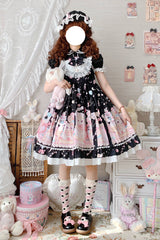 Black/Pink Cute Cat Print High Waisted Ruffle Bowknot Sweet Princess Lolita JSK Dress - Black/Pink - 1