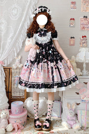 ブラック/ピンクのかわいい猫プリントハイウエストフリルリボンスウィートプリンセス (ワンピース単品) 正面図
