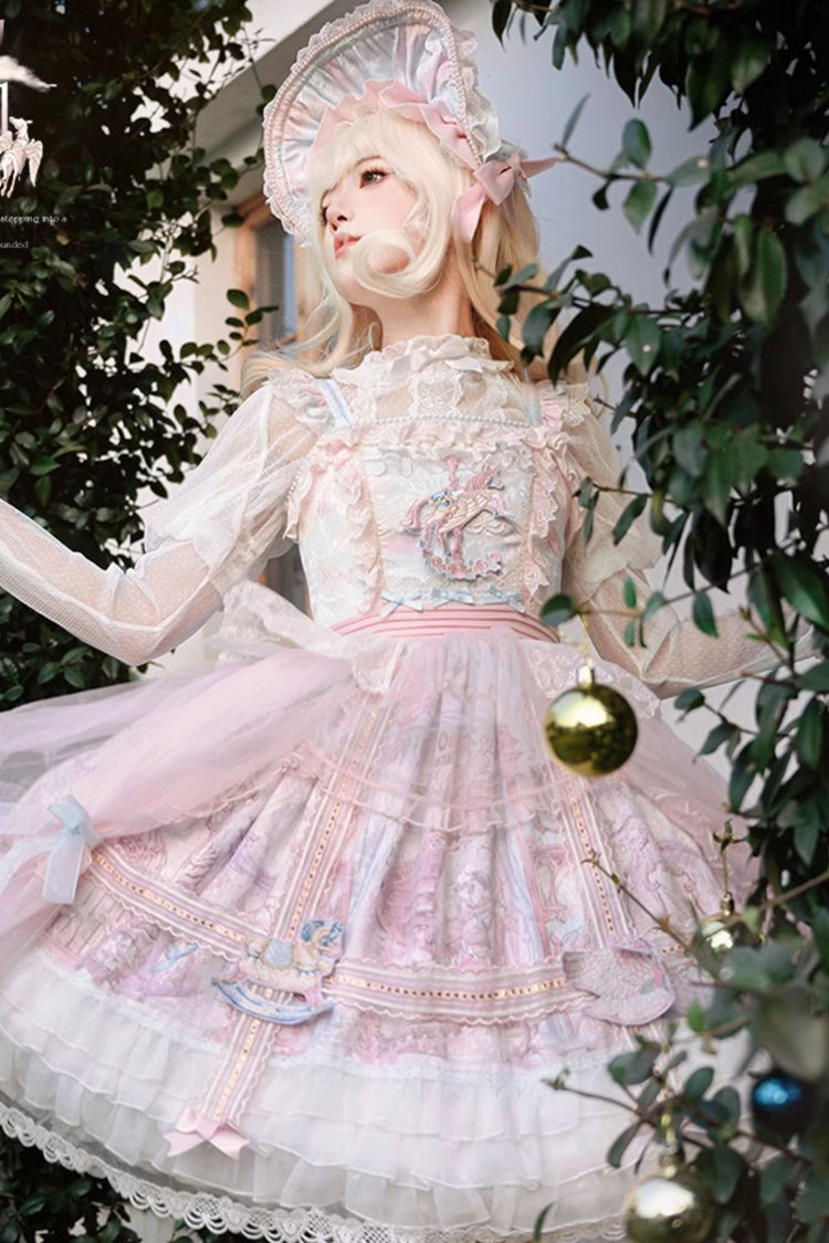 Pink/Blue [Pegasus Park] Multi-Layered Print Ruffle Bowknot Lace Sweet Gorgeous Lolita Jsk Dress - Product - 6