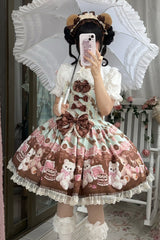 [Chocolate Brownie] Sleeveless Printed Ruffled Bow Lace Sweet Lolita Strap Dress 2 Colors - Green - 1