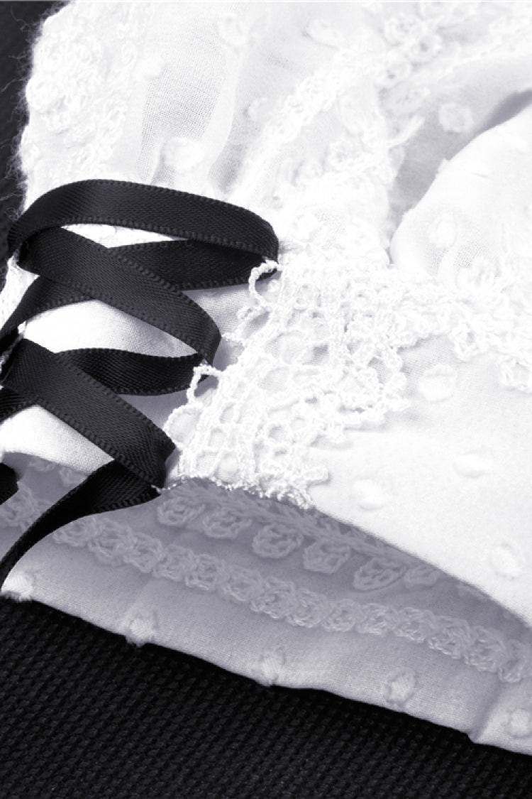 Black/White Stand Collar Short Sleeves Ruffled Women's Sweet Gothic Lolita Doll Midi Dress - Product - 14
