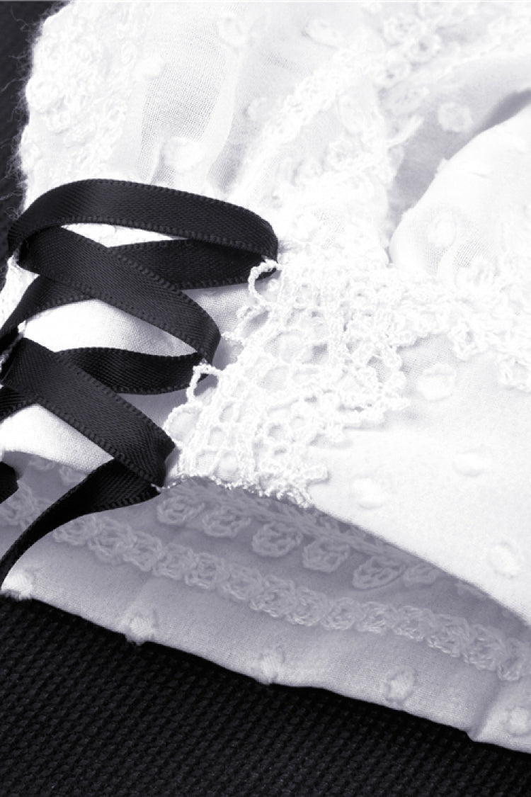 Black/White Stand Collar Short Sleeves Ruffled Women's Sweet Gothic Lolita Doll Midi Dress - Product - 14