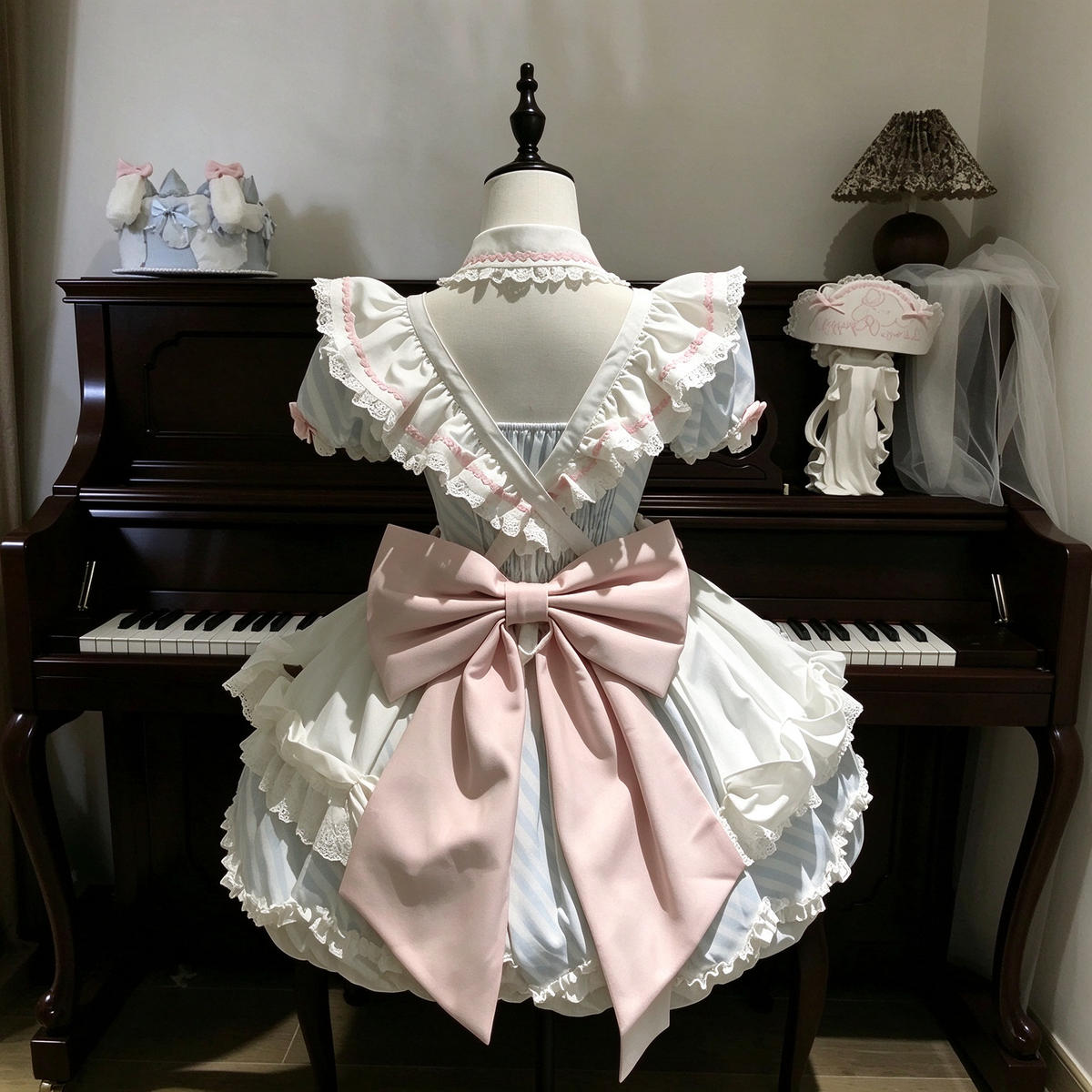 Light Blue and Pink Ruffled Maid Sweet Lolita Dress with Apron Bow Accent - view 3