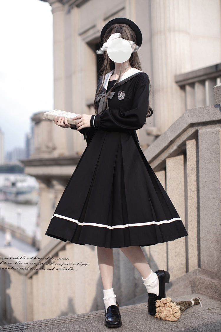 Black Navy Collar Long Sleeves Bowknot Sweet Japanese College Style Elegant (Dress Only) detail view 3