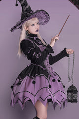 Black / Purple Round Collar Ruffled Long Sleeves Waist Irregular Hem Imp Sweet Lolita OP Dress Full Set - Product - 5