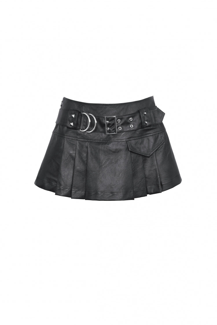 Black Faux Leather Metal Belt Buckled Pleated Women's Punk Mini Skirt - Product - 3