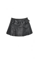 Black Faux Leather Metal Belt Buckled Pleated Women's Punk Mini Skirt - Product - 3