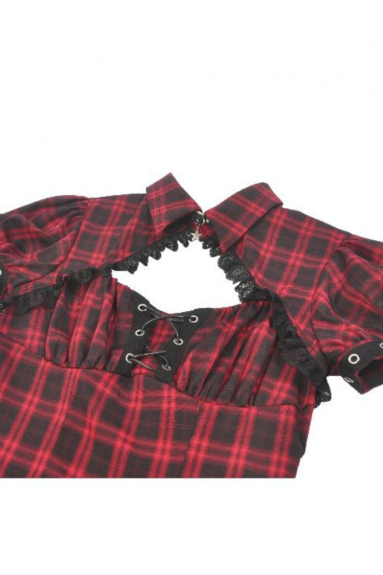 Black/Red Plaid Turn-Down Collar Cut-Out Short Sleeves Lace-Up Women's Punk Retro Mini Dress - Product - 12