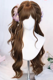 Warme braune japanische Lazy Vibe lange gewellte Sweet-Lolita-Perücke mit leicht luftigem Pony, Vorderansicht