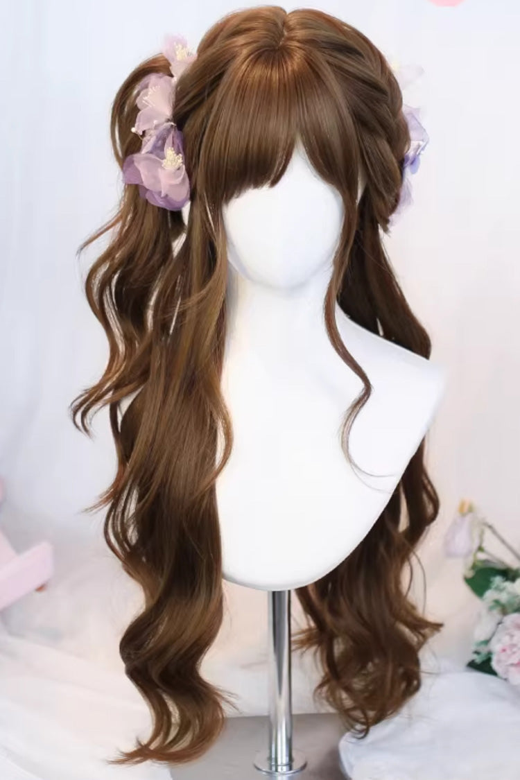 Warme braune japanische Lazy Vibe lange gewellte Sweet-Lolita-Perücke mit leicht luftigem Pony, Vorderansicht