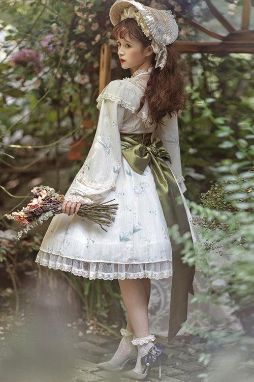 Beige Lace Round Collar Ruffled Lantern Sleeves Fresh Floral Print Sweet (Dress Only) detail view 4