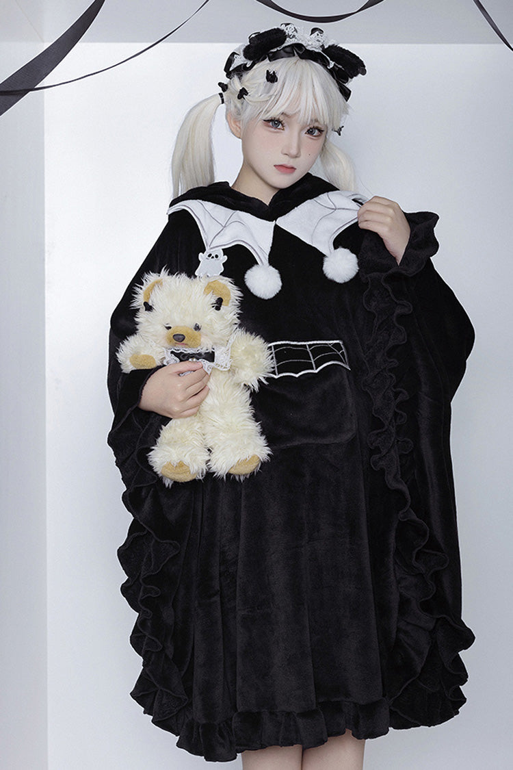Black Bat Ruffle Hooded Sweet Lolita Coat Cloak - Product - 5