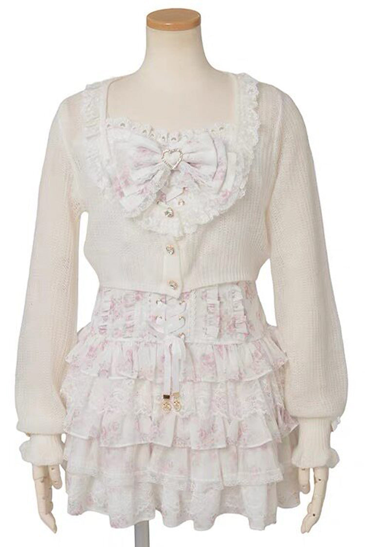 Jirai Kei Long Sleeves Multi-Layered Printed Ruffled Bow Sweet Dress 3 Colors - White - 12