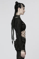 Black Long Sleeve Creative Twist Stretch Sexy Women's Gothic T-Shirt - Product - 2