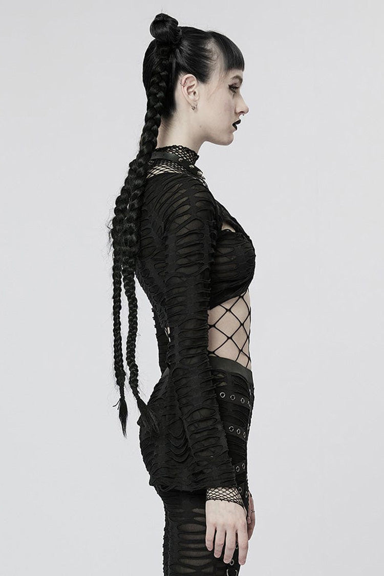 Black Long Sleeve Creative Twist Stretch Sexy Women's Gothic T-Shirt - Product - 2