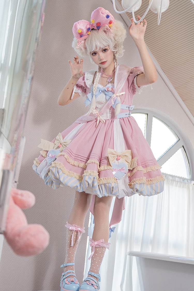 Pink Short Sleeves Print Ruffle Bowknot Lace-Up Sweet Princess Lolita Dress Set - Product - 5