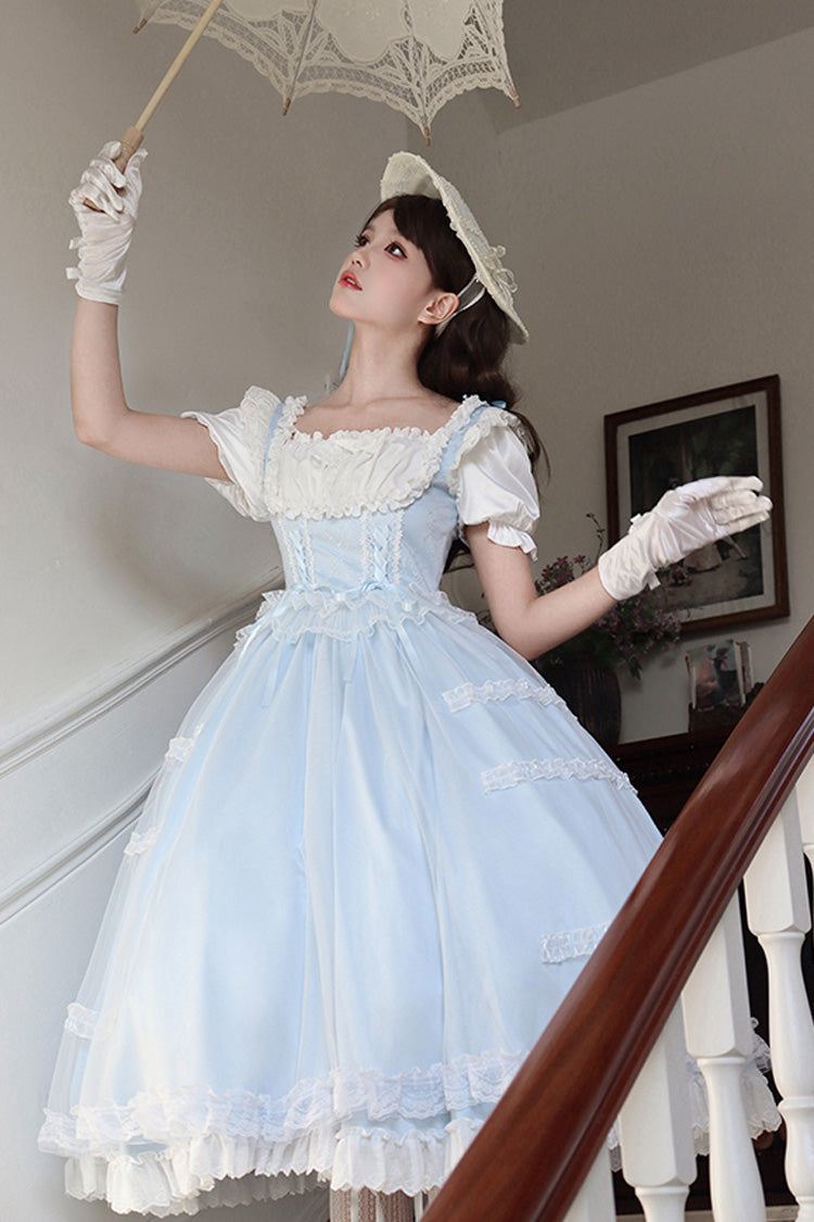 Light Blue Confession Poem Square Collar Short Sleeves Ruffle Sweet Elegant Lolita Dress Set - Product - 5
