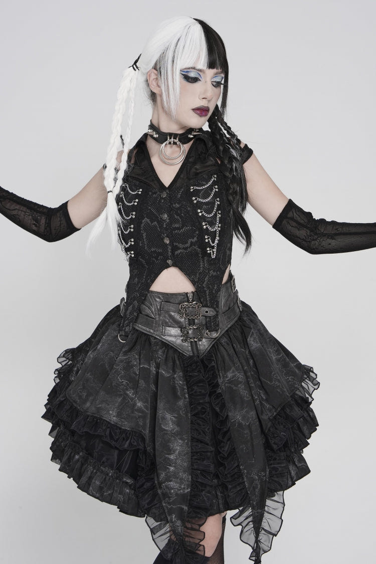 Black Off Shoulder Lace-Up Irregular Chain-Decorated Women's Punk Vest - Product - 11