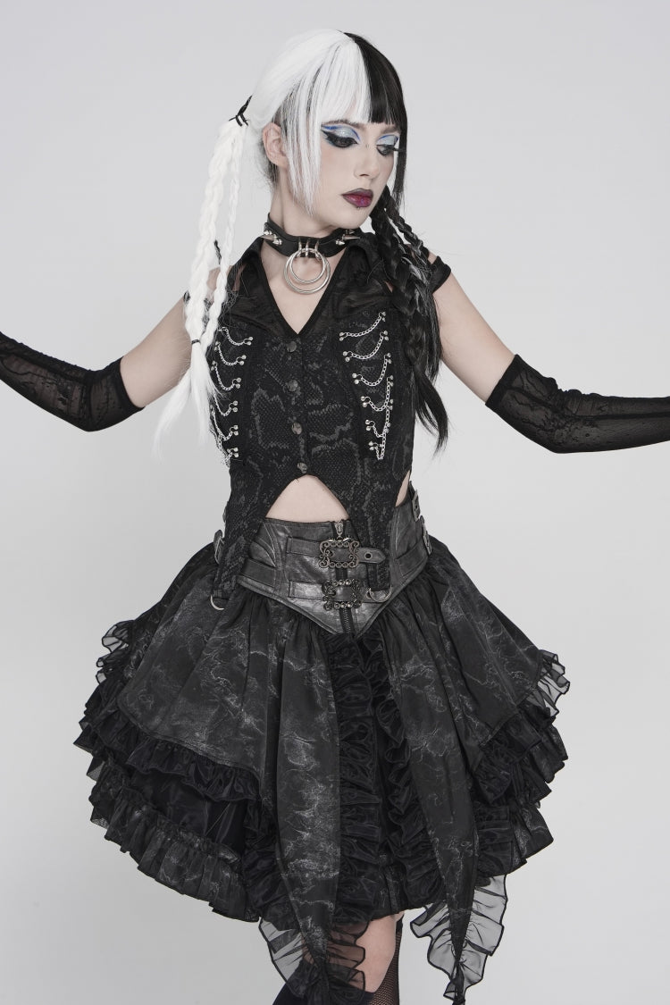 Black Off Shoulder Lace-Up Irregular Chain-Decorated Women's Punk Vest - Product - 11