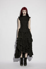 Black Stand Collar Sleeveless Ruffled Embroidered Lace-Up Slim Fit Women's Gothic Elegant Royal Blouse - Product - 4