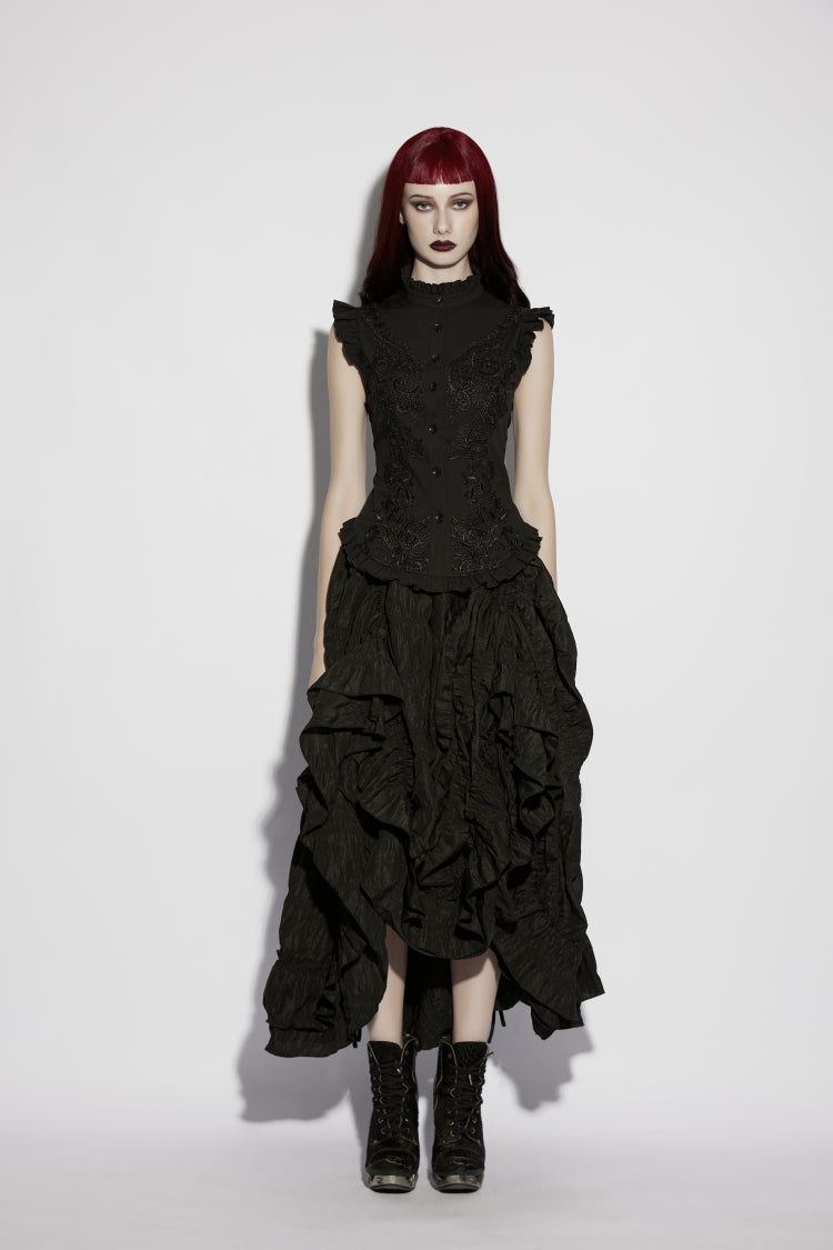 Black Stand Collar Sleeveless Ruffled Embroidered Lace-Up Slim Fit Women's Gothic Elegant Royal Blouse - Product - 4