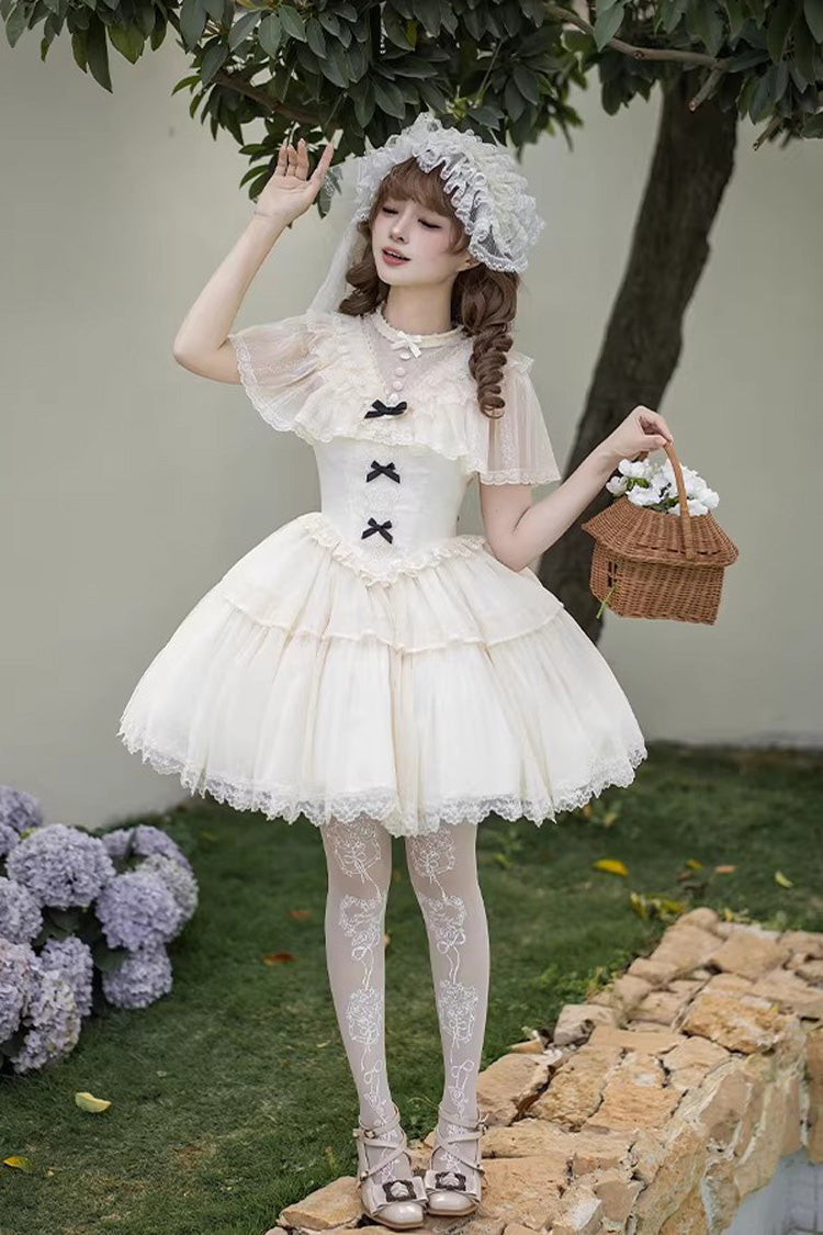 Ivory [The Oath of White Mist] Edwardian Collar Long Sleeves Multi-Layered Ruffled Bow Lace Fishbone Sweet Lolita Dress 2 Versions - Product - 12