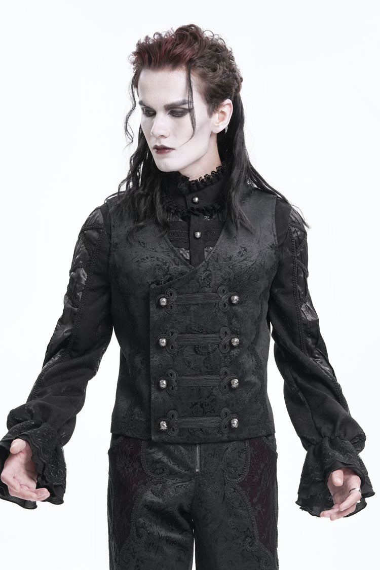 Black Sleeveless Floral Print Buckle-up Men's Gothic Vest - Black - 1