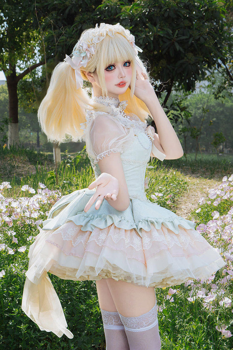 Green Sleeveless Multi-Layered Ruffle Bowknot Lace Lace-Up Sweet Princess Lolita Jsk Dress - Product - 3