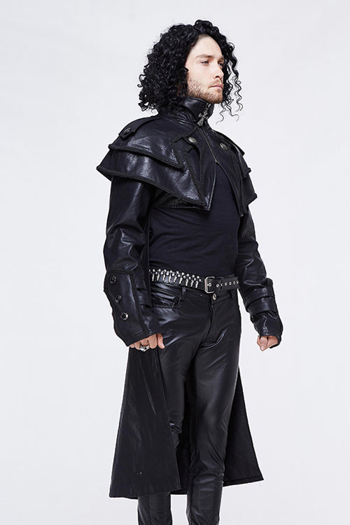 Black Punk Short Front And Long Back Cape Style Long Leather Mens Coat - Product - 2