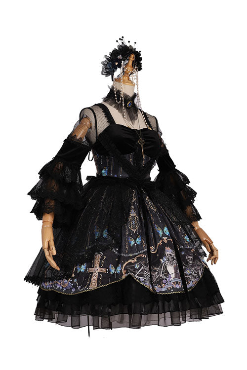 Black Square Collar Cemetery Butterfly Skull Print Lace Lantern Sleeves Multi-Layer Ruffled Gothic Lolita OP Dress - Product - 7