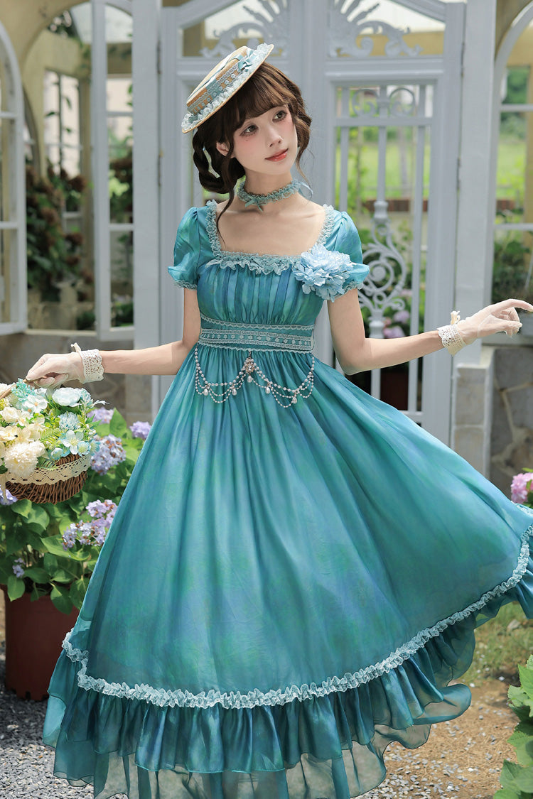 Blue/Green [Water Lily] Square Collar Ruffled Lace-Up Sweet Royal Lolita Dress 2 Versions - Product - 20