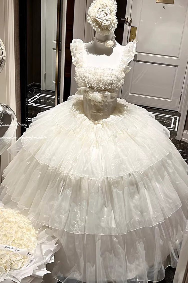 Beige [Mousse Serenade] Triple-Layered Ruffled Hanayome Bow Lace Sweet Princess Lolita Strapless Dress - Product - 2