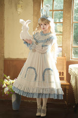 Blue [Twin Lilian] Round Collar Long Sleeves Double-Layered Ruffled Bow Lace-Up Sweet Lolita Dress - Blue - 1
