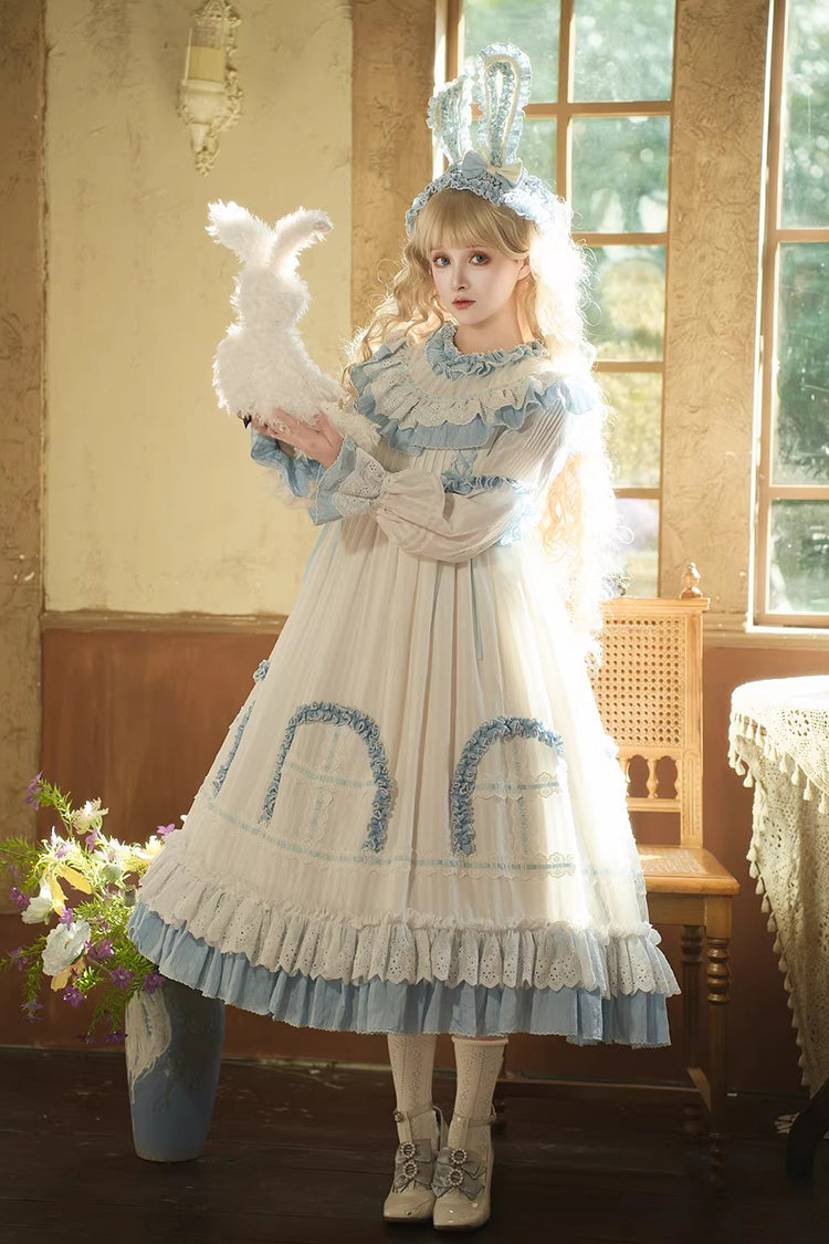 Blue [Twin Lilian] Round Collar Long Sleeves Double-Layered Ruffled Bow Lace-Up Sweet Lolita Dress - Blue - 1